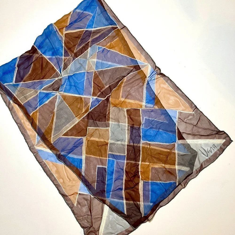 VERA NEUMANN Vintage Fall Brown Blue Beige Plaid Silk Scarf Mid Century MCM